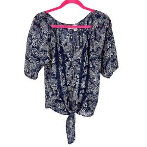 Retro Floral Lace Sheer Top L Blue Coastal Preppy Boho Western Nautical 80s